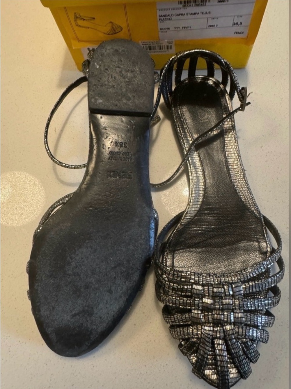 Fendi Black and Silver Woven Leather Ankle-Strap Sandals - Picture 9 of 9